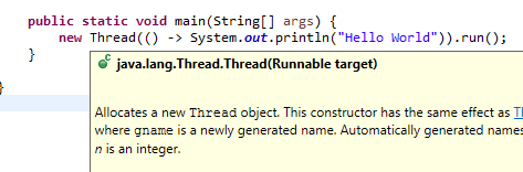 Java 8: Screenshot do Eclipse mostrando o construtor da classe Thread recebendo uma instância da interface Runnable.